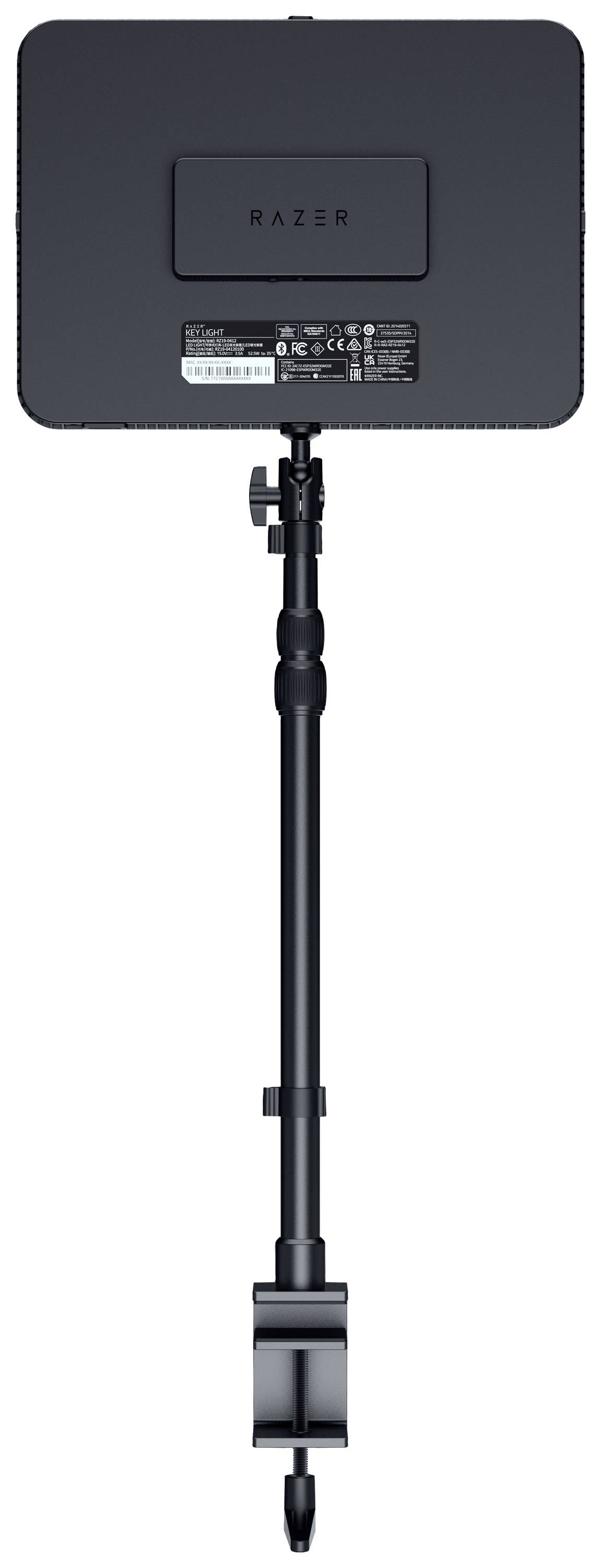 A rectangular black LED light by Razer, with an adjustable stand and desk clamp, is used for illumination during video recordings.