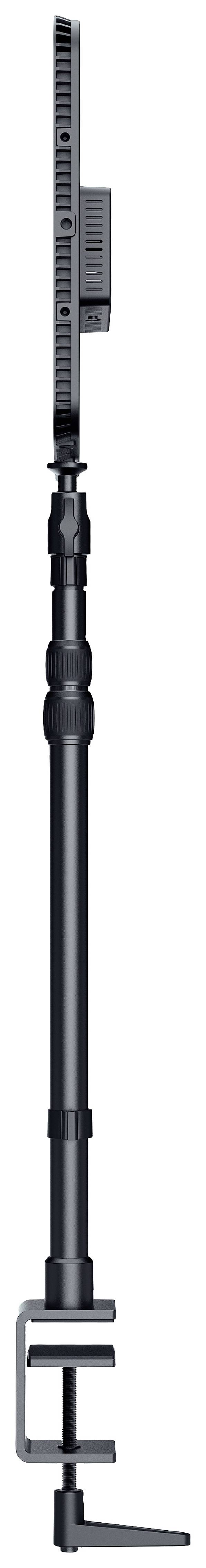 A black pole with a clamp mount, most likely an adjustable stand for lighting or camera equipment.