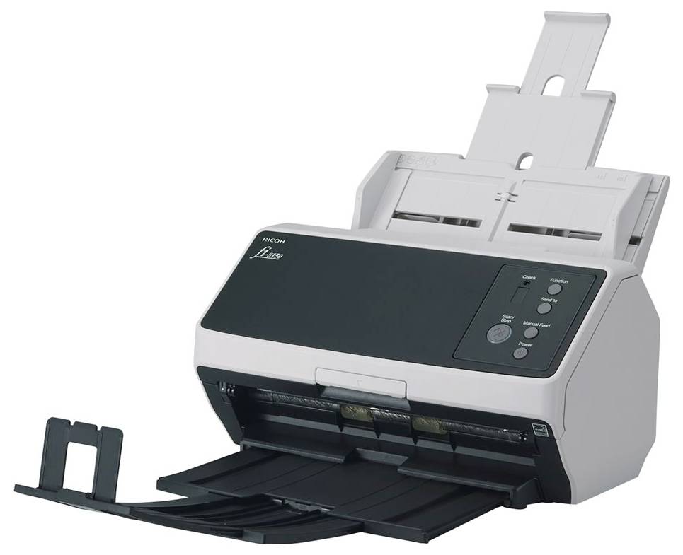 A black and white desktop scanner with an open document feeder and control buttons on the front panel.