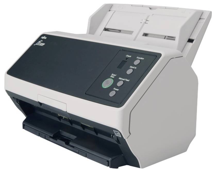 A desktop document scanner with an open paper tray and visible control buttons on the front panel.