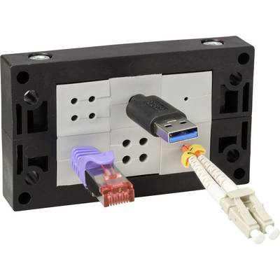 'Network Connection Panel: Contains USB plugs, Ethernet cable and two fibre optic connections for connecting devices and networks.'