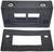 Black plastic mounting bracket with a rectangular opening and two screw holes beside it. With a matching cover piece underneath.