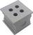 Grey plastic cube with four round holes on the top surface and a symbol on the side.