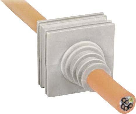An orange electrical cable is positioned in a grey cable grommet. Copper wires are visible at one end.