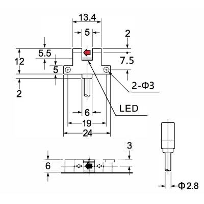 'Technical drawing of an LED with dimensions: Height 19 mm, Width 24 mm, Pin spacing 5 mm. Upper structure: 13.4 mm, side spacings: 5.5 mm.'