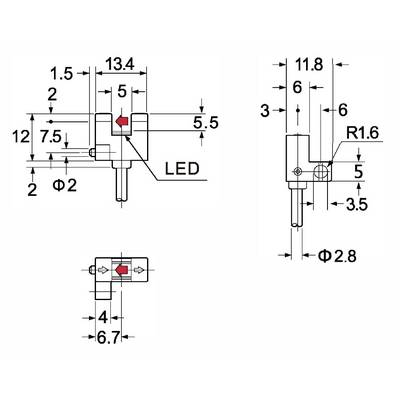 Technical drawing of an electrical component with LED. Dimensions and distances are given in millimetres. Main dimensions: 13.4 mm, 11.8 mm, 6.7 mm.