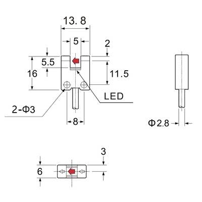 Technical drawing of an LED component with arrow representation for electrical connections. Dimensions are given in millimetres.