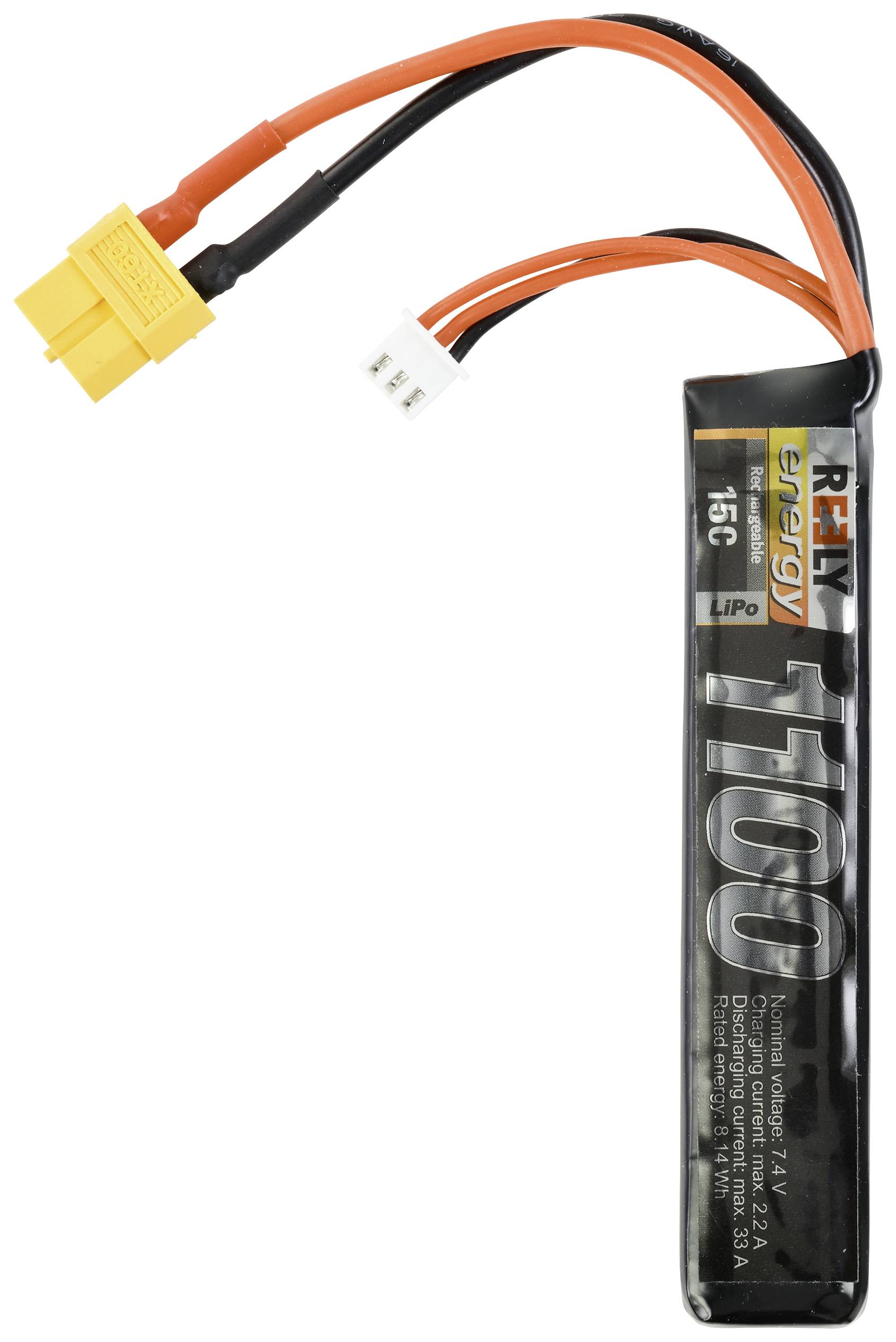 Black lithium-polymer battery cell with a yellow connector and multiple outgoing cables. Inscription: '1100' and 'LiPo'.