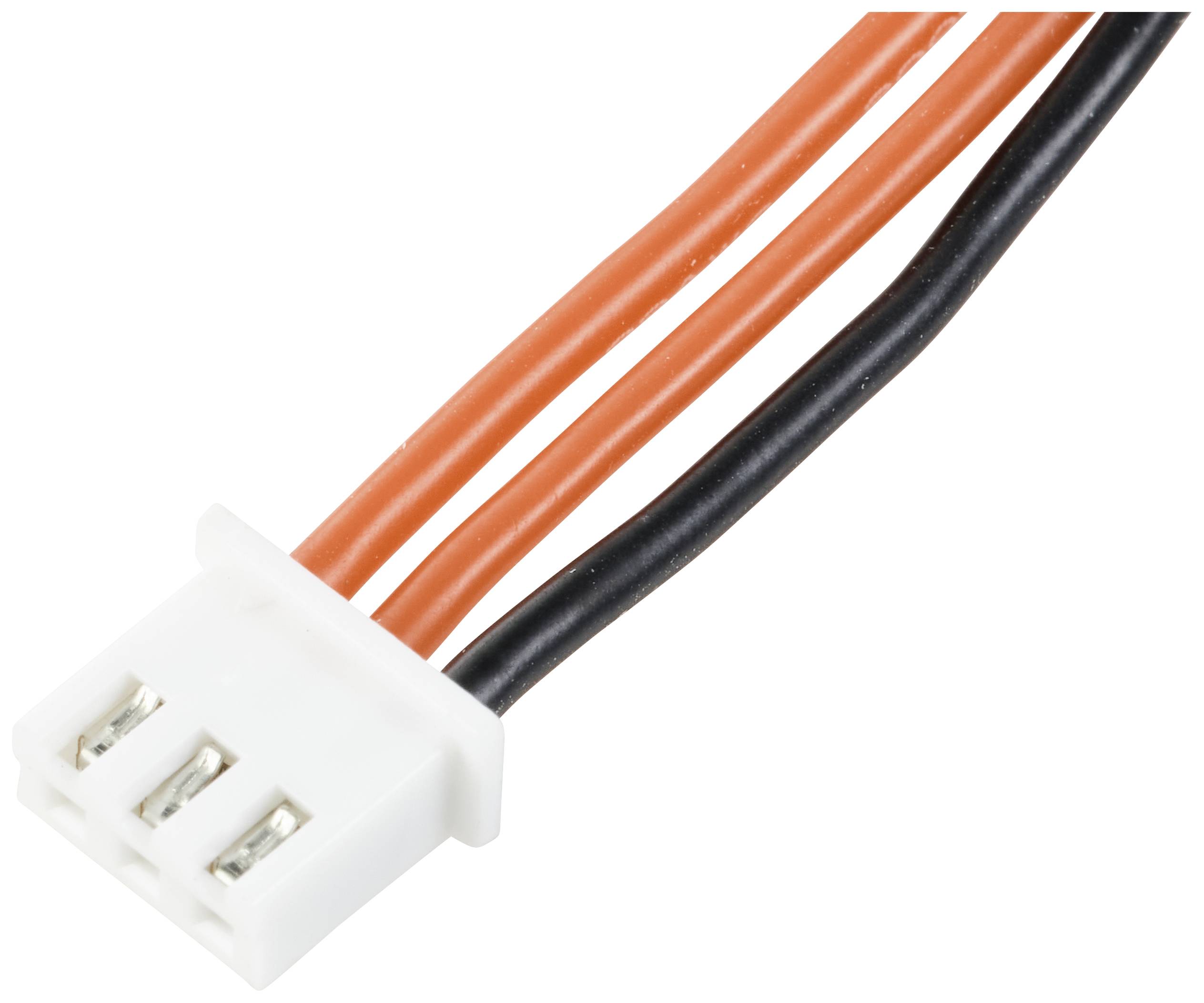 Close-up of a white 3-pin connector with two orange and one black cable.
