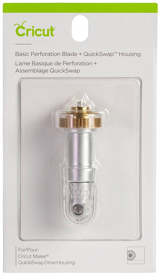 Packaging of a Cricut Basic Perforation Blade + QuickSwap Housing, suitable for Cricut Maker, depicted in a blister pack.