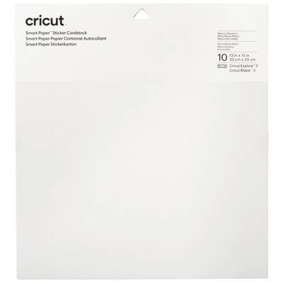 White packaging with 'cricut' logo in the top left corner. Contains Smart Paper Sticker Card Stock, 10 sheets, 33 cm x 33 cm, compatible with Cricut Explore 3.