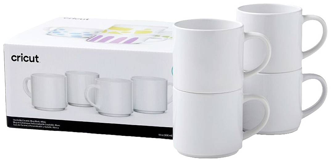 'Four stackable white mugs next to a packaging with the same design, Cricut logo on the packaging.'