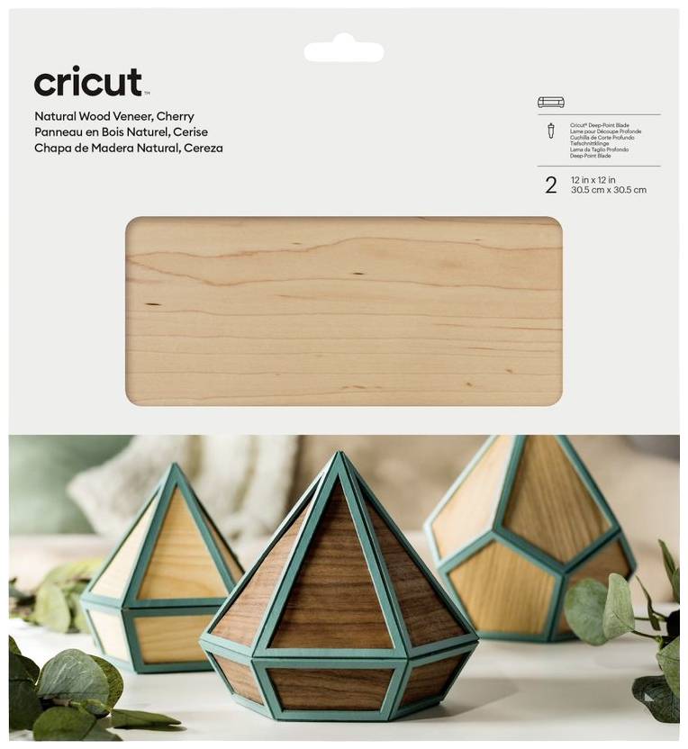 'Cricut' packaging with natural wood veneer in cherry wood finish, 2 pieces. Example decorations made from wood veneer with geometric shapes.
