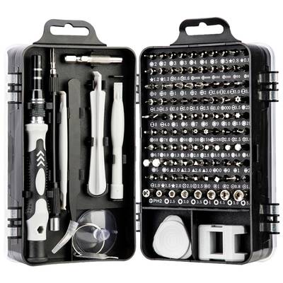 An opened screwdriver set with various bits, including Phillips head and flathead attachments along with matching accessories.