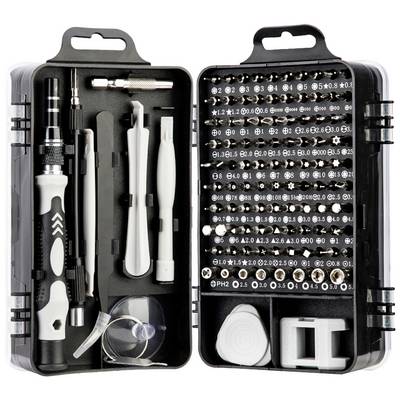 A case with a comprehensive screwdriver set, containing various bits, tweezers, lever tools, and a handle. Ideal for precise repair work.