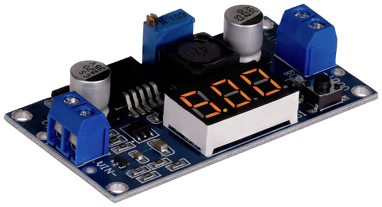 'Voltage converter module with digital display showing 5.00 volts, surrounded by blue terminal connectors, capacitors and coils.'
