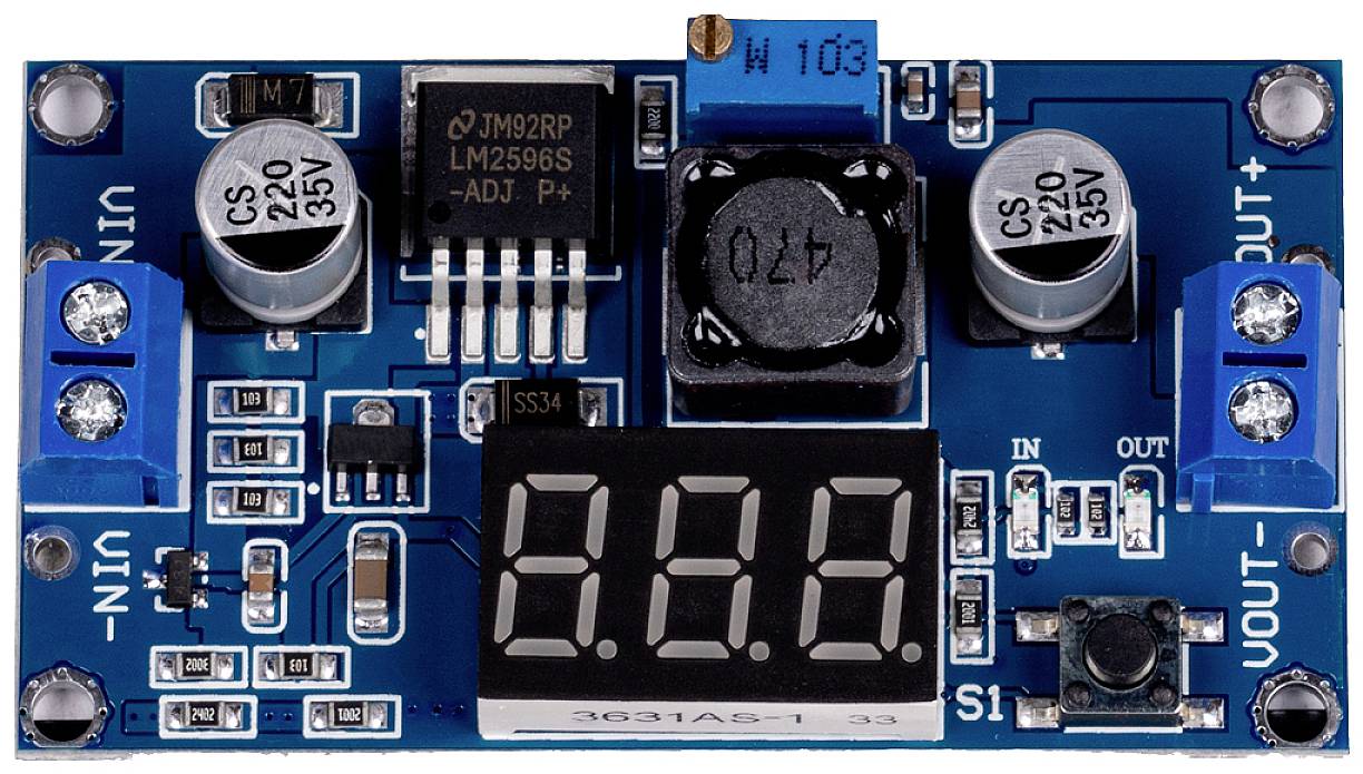 Blue voltage module with digital display in the centre. Top left and right terminals for input and output, electronic components all around.