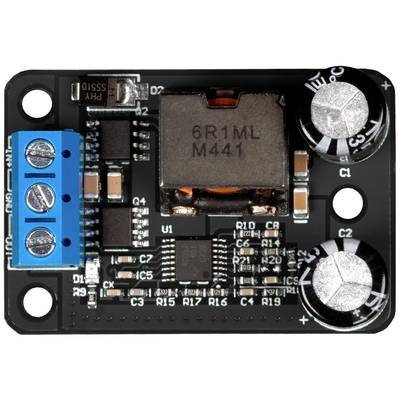 An electronic circuit with capacitors, resistors and a microchip, mounted on a circuit board.