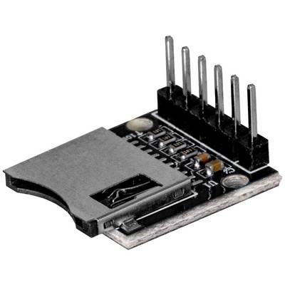 An SD card module with a slot and six pin contacts, used for storage and data transfer in electronic projects.