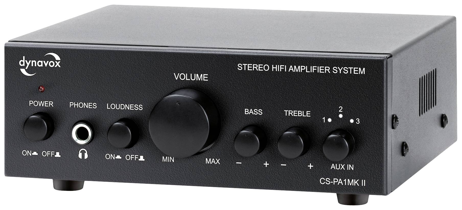 'Stereo Hi-Fi Amplifier System with Volume Control, Bass and Treble Adjustment, Multiple Inputs and Headphone Socket.'
