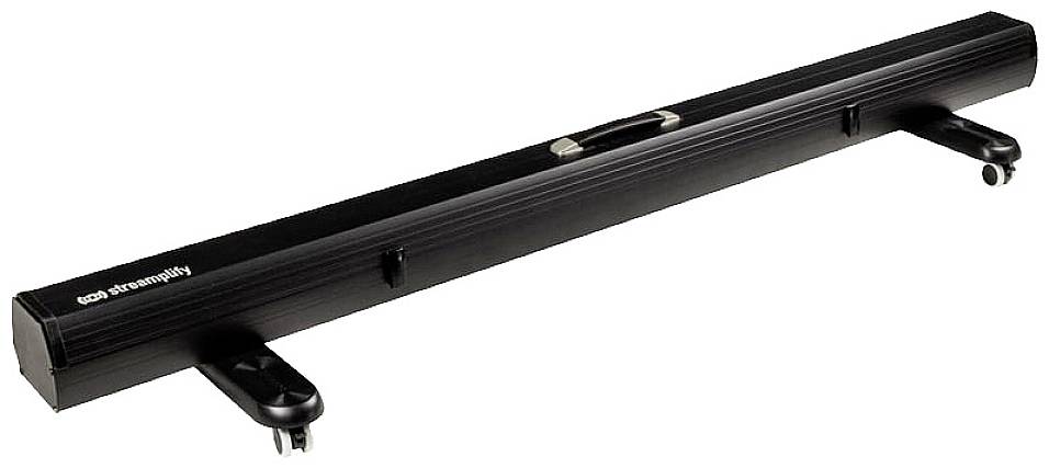 A black, elongated device with two short legs at its ends, possibly a type of electronic accessory.