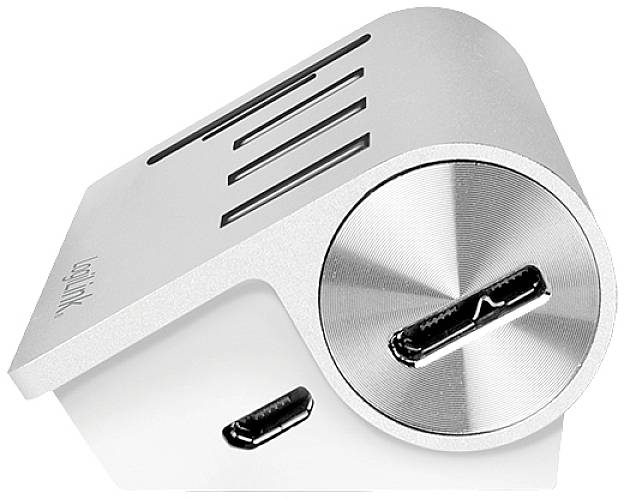 A silver USB-C adapter in an L-shape with two ports, one on the side and one at the front. The texture is metallic.