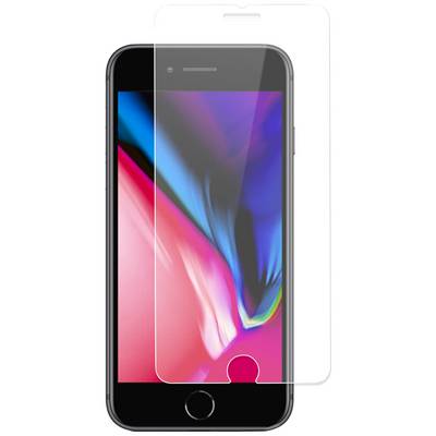 Smartphone with a colourful screen interface, on which a transparent screen protector is positioned.
