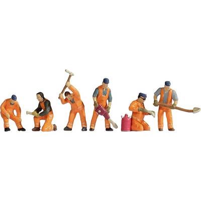Six figures in orange overalls are carrying out various construction work: digging, hammering, chiselling and carrying tools.