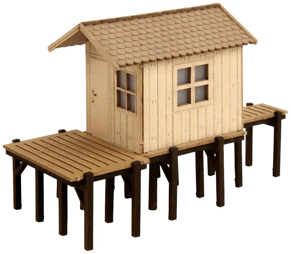 Small wooden cabin on stilts with a slanted roof and window on a wooden walkway, model building.