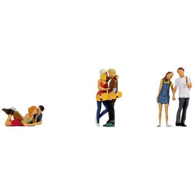 Three miniature figurine couples stand in romantic poses, each pair displaying different body positions and outfits.