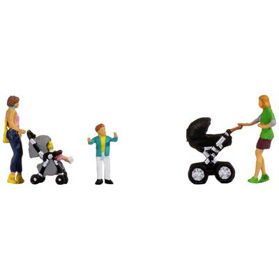 Miniature figures: Two women, one pushing a pushchair, the other holding a toddler. A small child raises their arms.