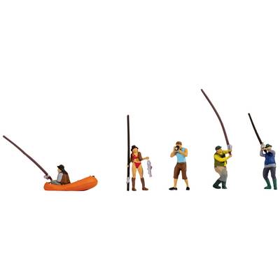 Five miniature figures: An angler in a boat and four people on land, including a woman in red clothing holding a fish and a photographer.