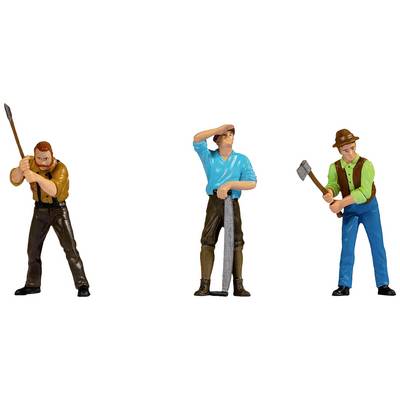 Three toy figures in workwear: left with an axe, centre with hand on forehead, right with a hammer in hand.