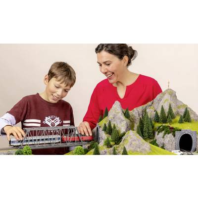 A woman and a boy are playing together with a model railway on a landscape featuring mountains, a bridge, and a tunnel.