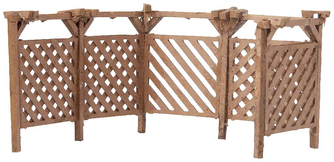 Wooden fence with diagonally arranged slats and vertical posts, shaped in an irregular rectangle.