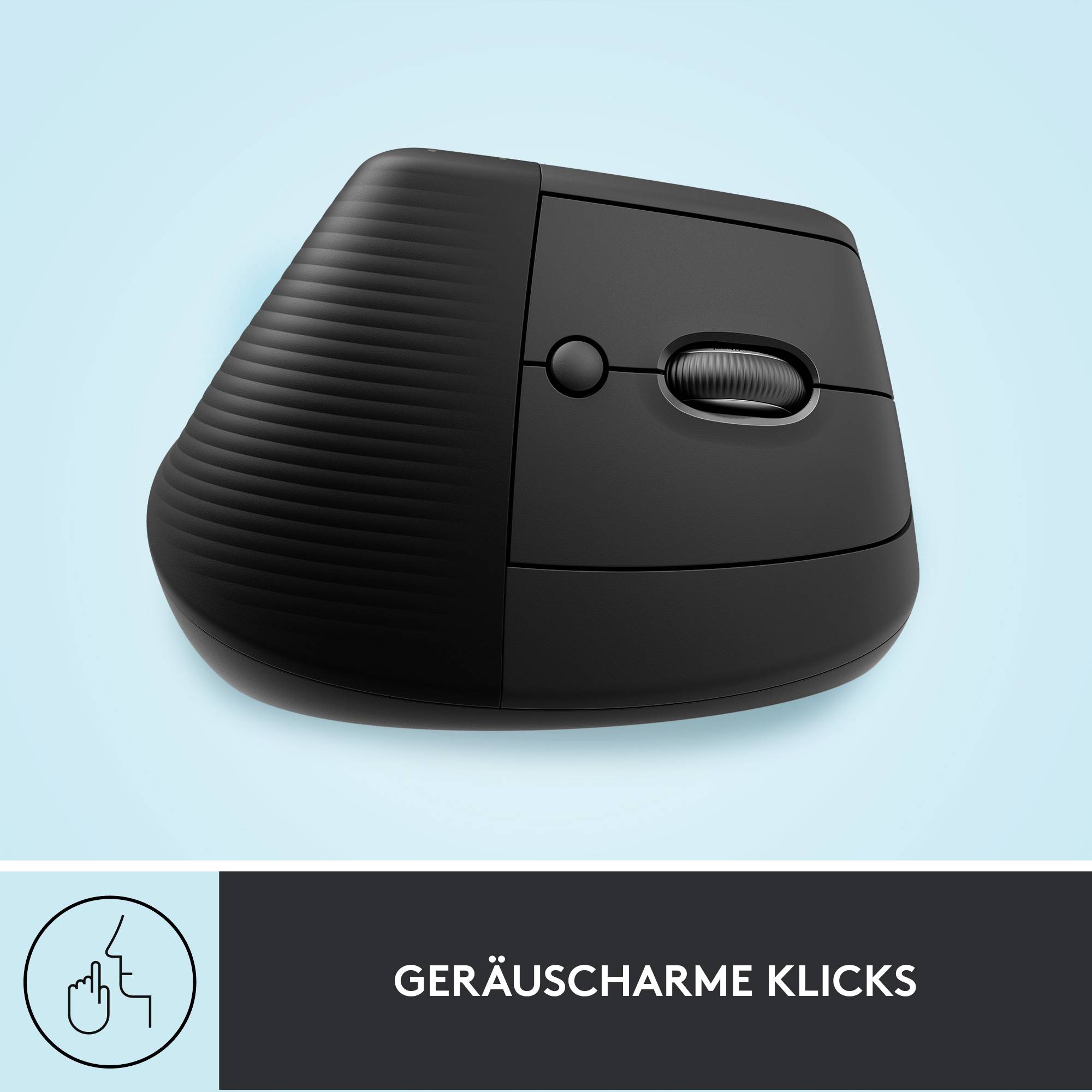 Ergonomic black computer mouse with vertical design, on a light blue background. Text below: 'Quiet Clicks'.