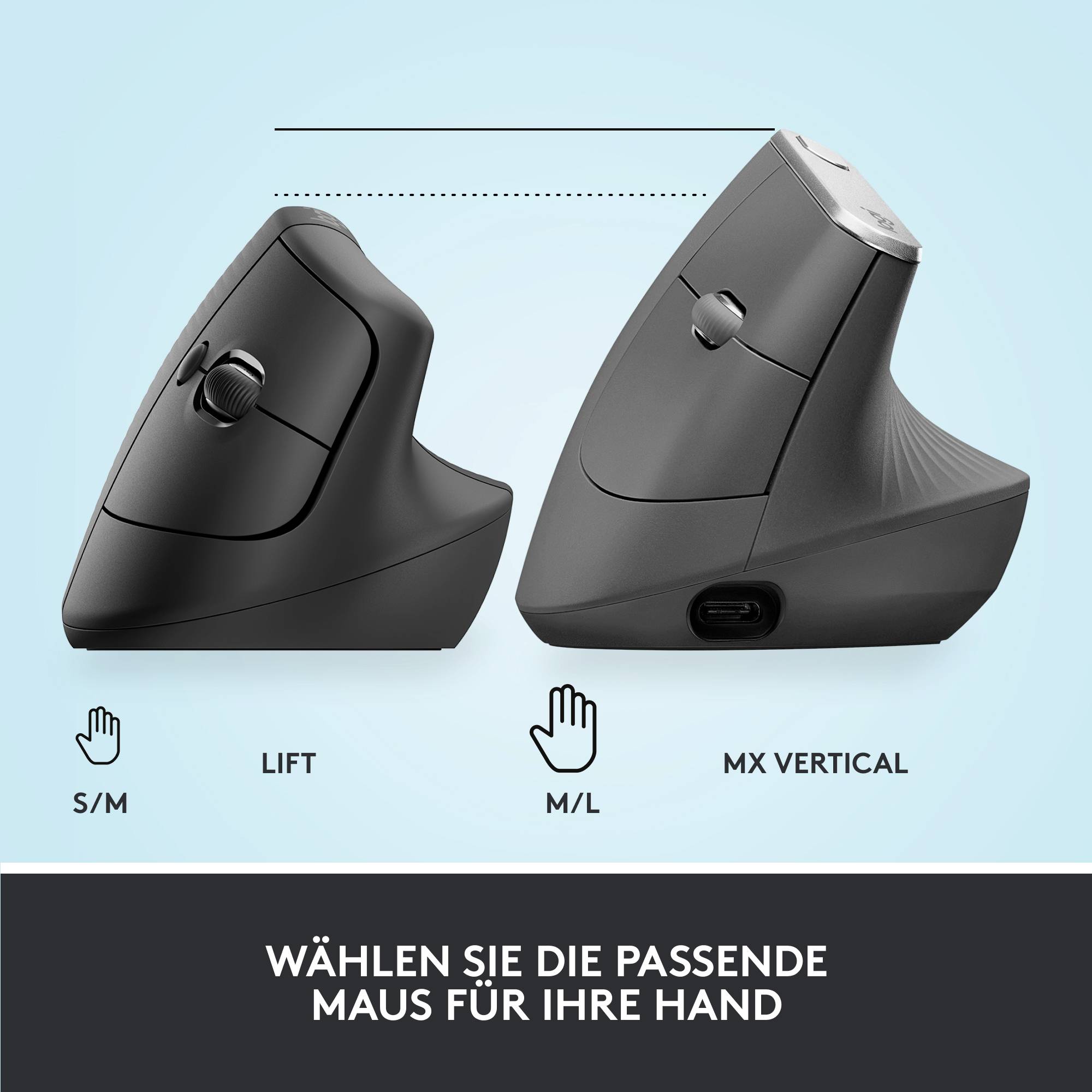 Vertical ergonomic mouse with angled design, in two sizes: S/M and M/L. Text: 'Choose the right mouse for your hand.'