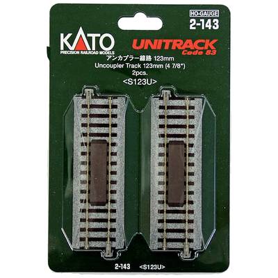 'KATO Unitrack Code 83' contains two uncoupling track sections of 123 mm for model railways in HO gauge. Packaging shows product details.