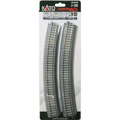 Two curved model railway tracks in N scale, packaged in a clear Kato Unitrack plastic packaging.