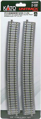 Two curved model railway tracks by Kato Unitrack, packaging shows item number and dimensions, suitable for model railways.