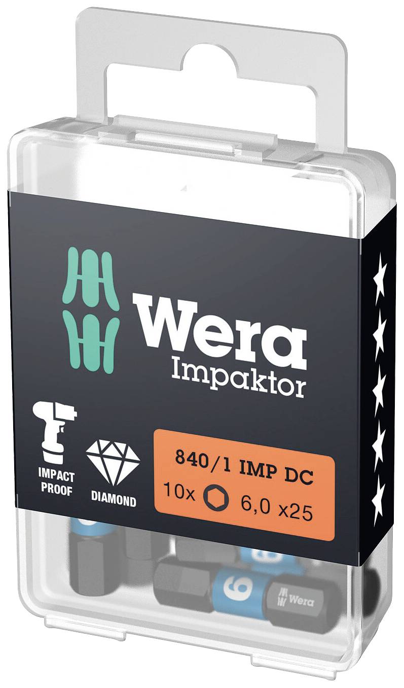 Wera Impaktor Bit Pack, 10 pieces, size 6.0 x 25 mm. Features: 'Impact Proof', 'Diamond'. Contains screwdriver bits.