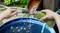 A person is using a flexible hose to fill a blue water butt outdoors, collecting water from a rainwater downpipe.