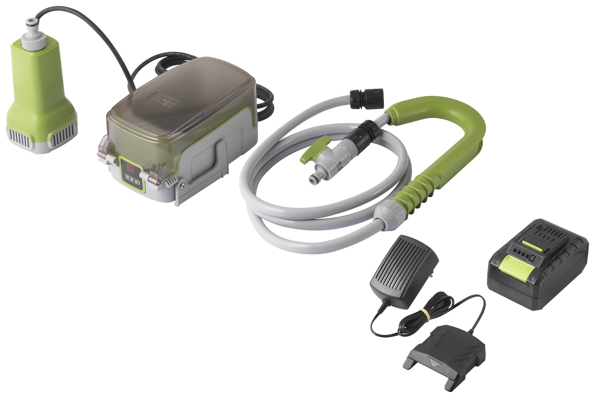 'Green and grey portable compressed air system with hose, charger and battery. Suitable for versatile cleaning tasks.'