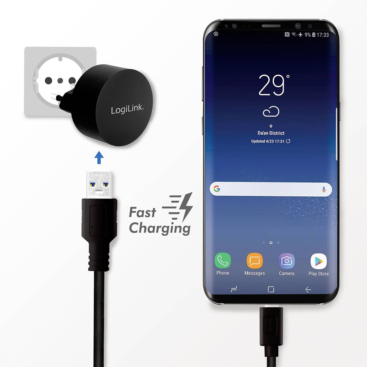 A smartphone is connected to a charger with a cable. The display shows 29 degrees and 'Fast Charging'.