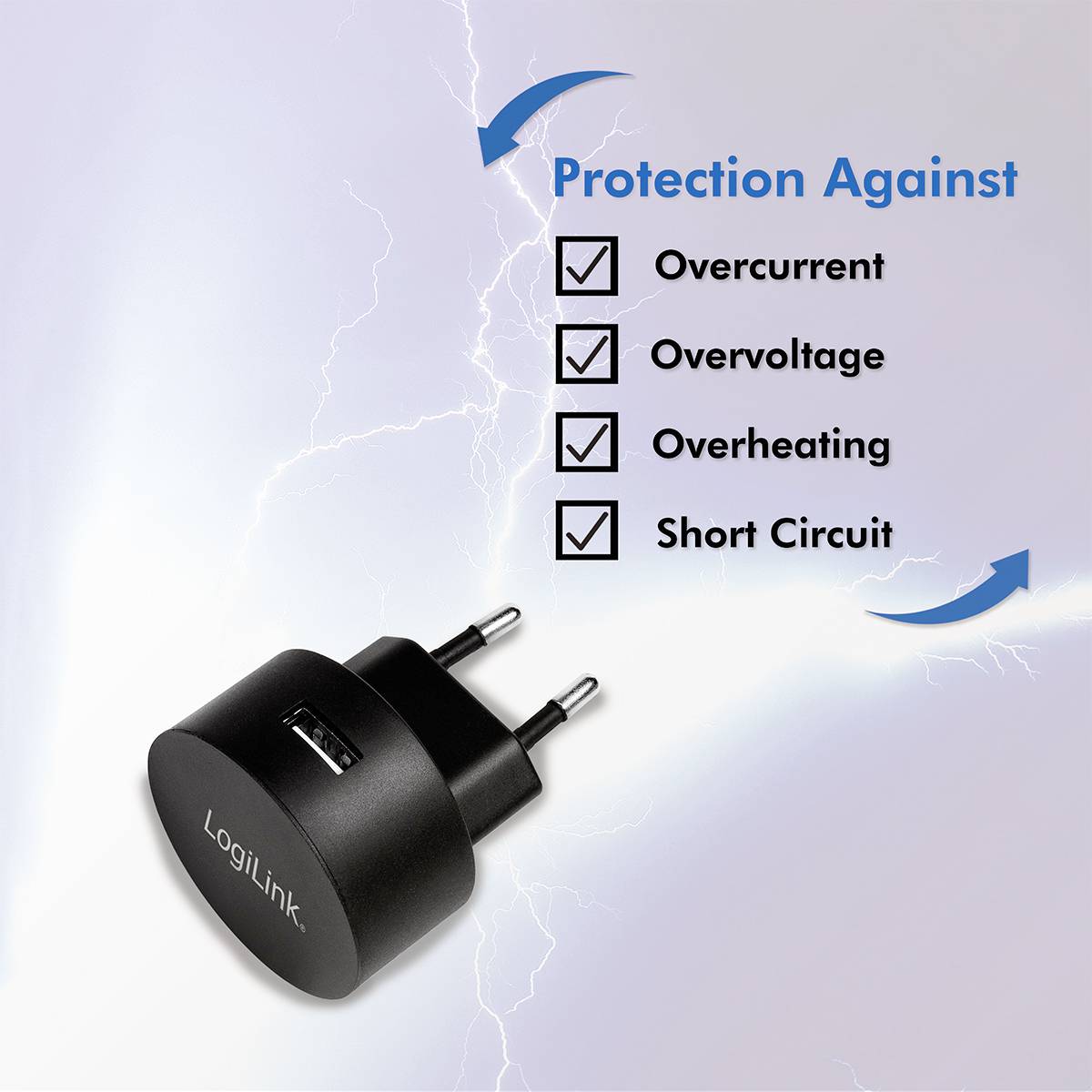 A black USB power adaptor with a hook protects against overcurrent, overvoltage, overheating, and short-circuiting, according to the text. Lightning strikes are shown in the background.