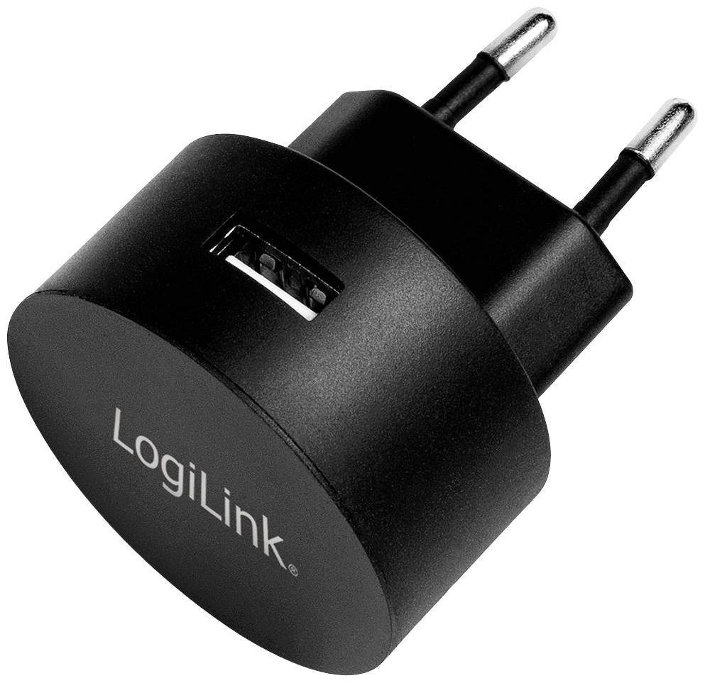 Black USB socket adapter by LogiLink with European plug. Suitable for charging USB devices.