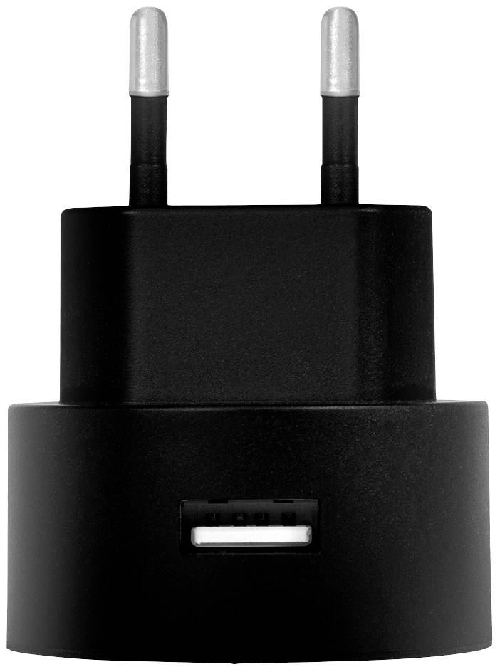 Black USB charger with two plug contacts, shown from the front.