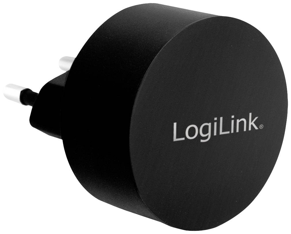 Black LogiLink charger with EU plug. Suitable for charging USB devices. Compact design, portable and lightweight.