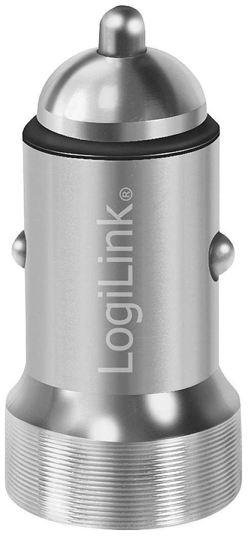A silver, cylindrical charger for the car cigarette lighter socket with the inscription 'LogiLink'.