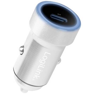 Silver car charger with blue LED and USB-C port. Brand inscription 'LogiLink'. Suitable for the cigarette lighter in a car.